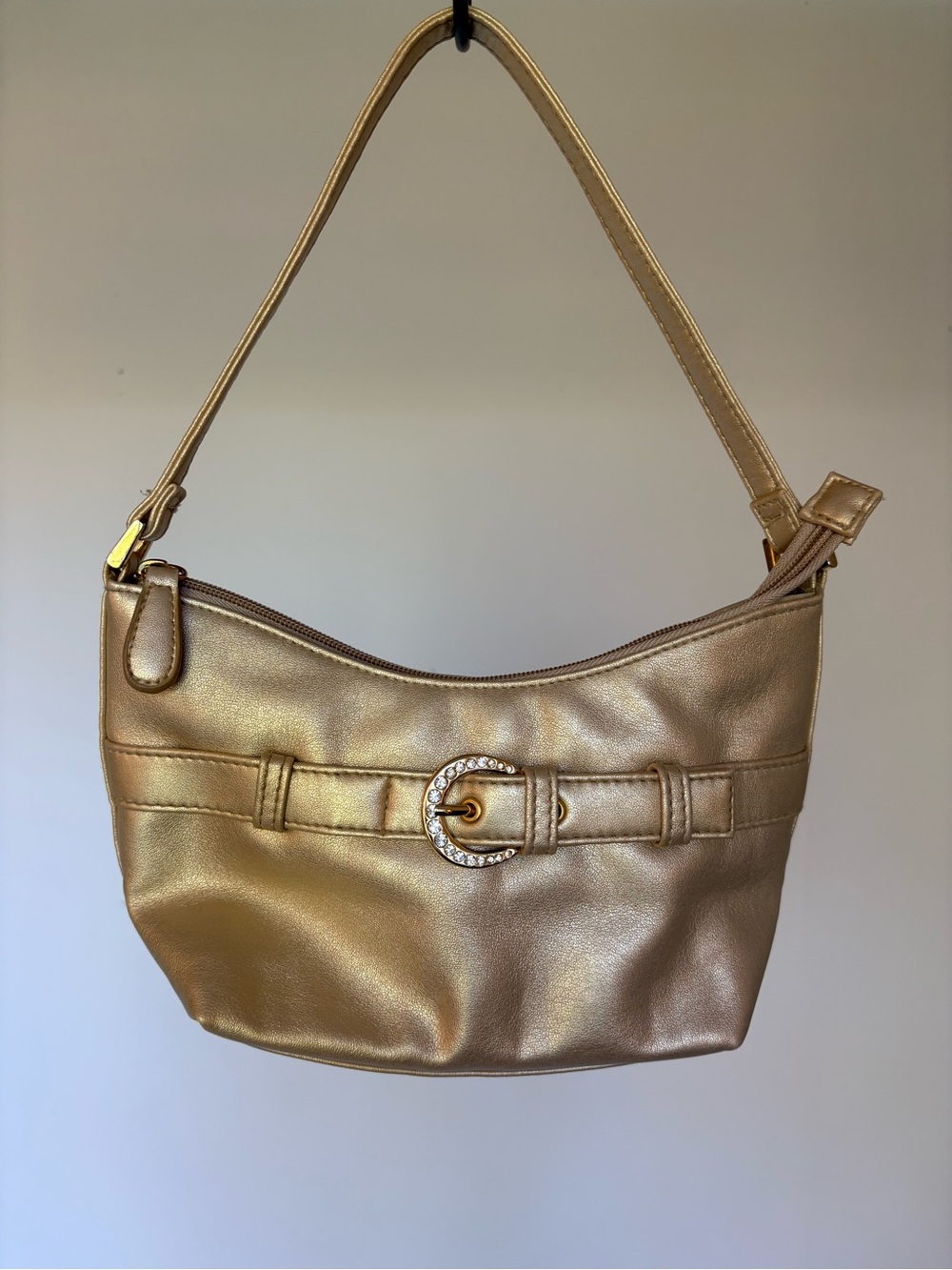 Metallic Gold Y2K Shoulder Bag with Decorative Rhinestone Diamond Buckle
